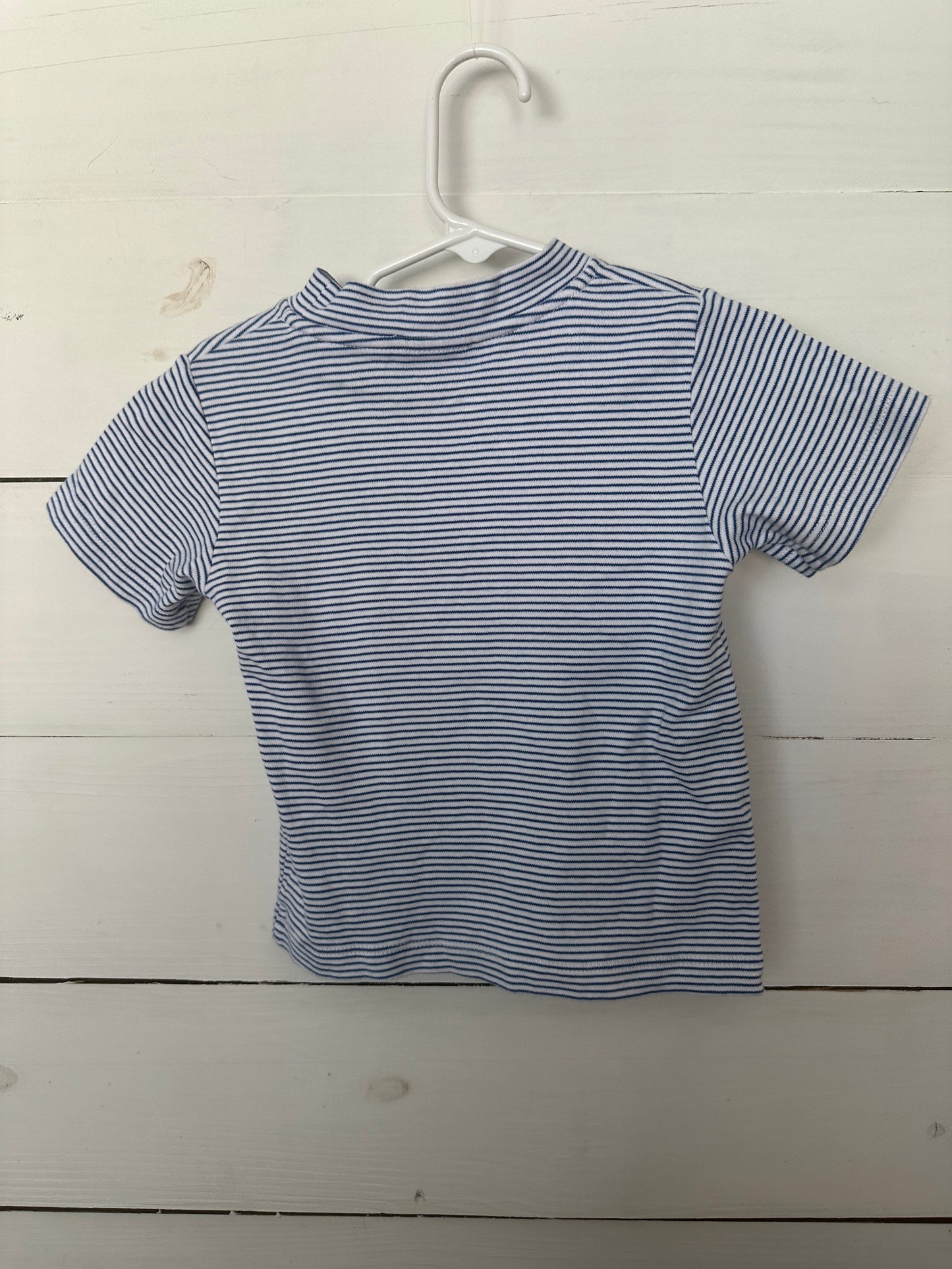 2T - Squiggles Navy Striped T-Shirt with appliqued felt dino & cars.