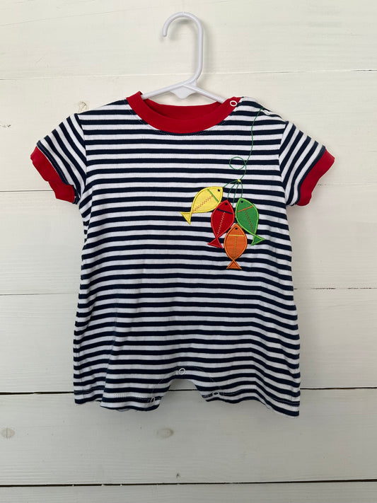 Claire and Charlie: Navy Striped Romper with Appliqued Fish