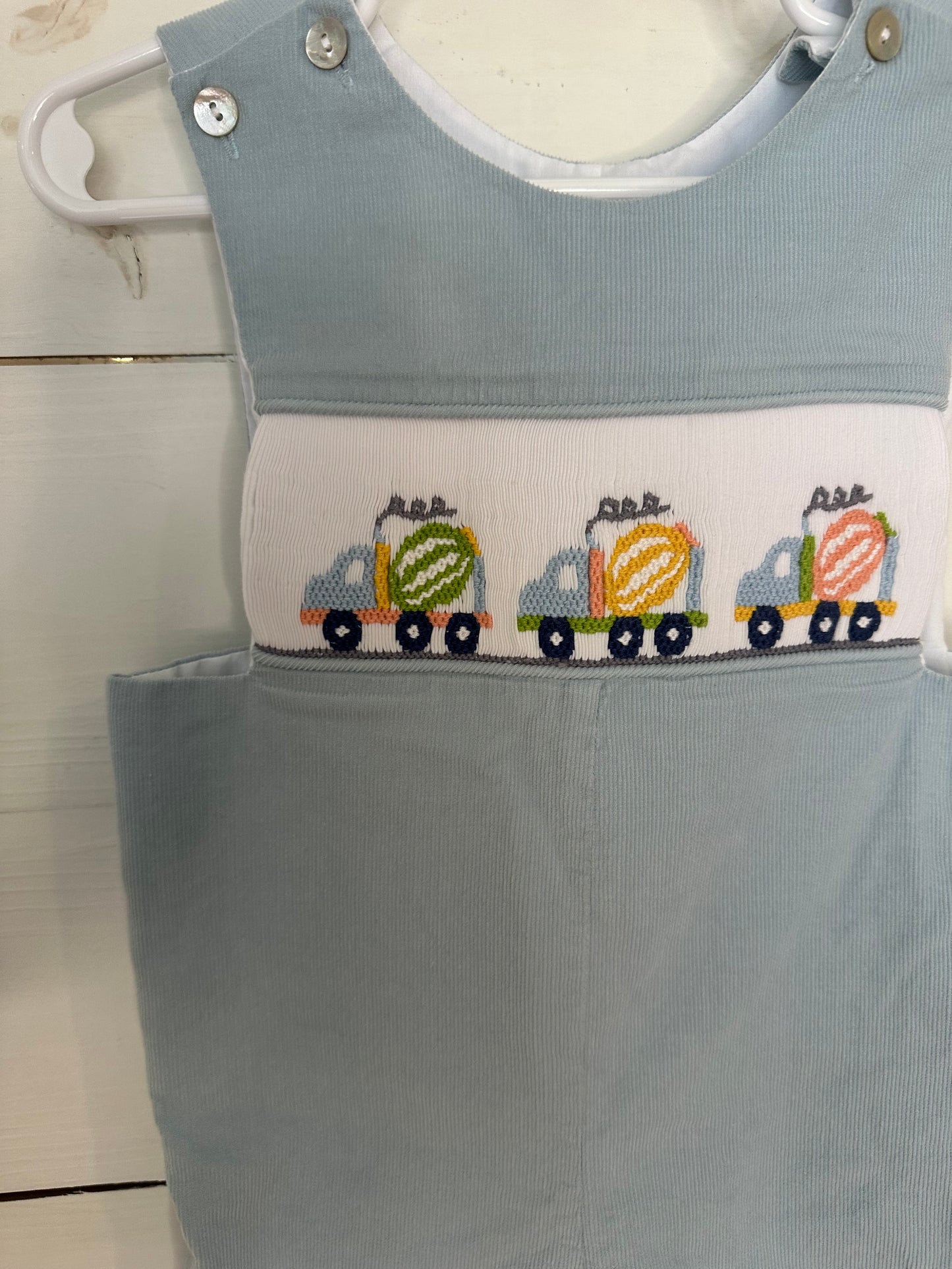 12M - Shrimp & Grits Overalls with Smocked Construction Trucks