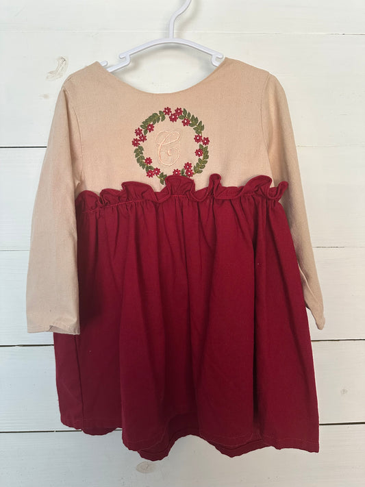 2T - Smock The Flock - Hand Embroidered Maroon, Taupe, and Green Color Blocked Dress with C Personalization