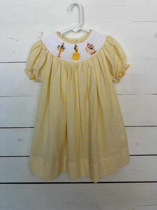 24m - Babeeni Yellow Seersucker Dress with Smocked Beauty & The Beast Characters