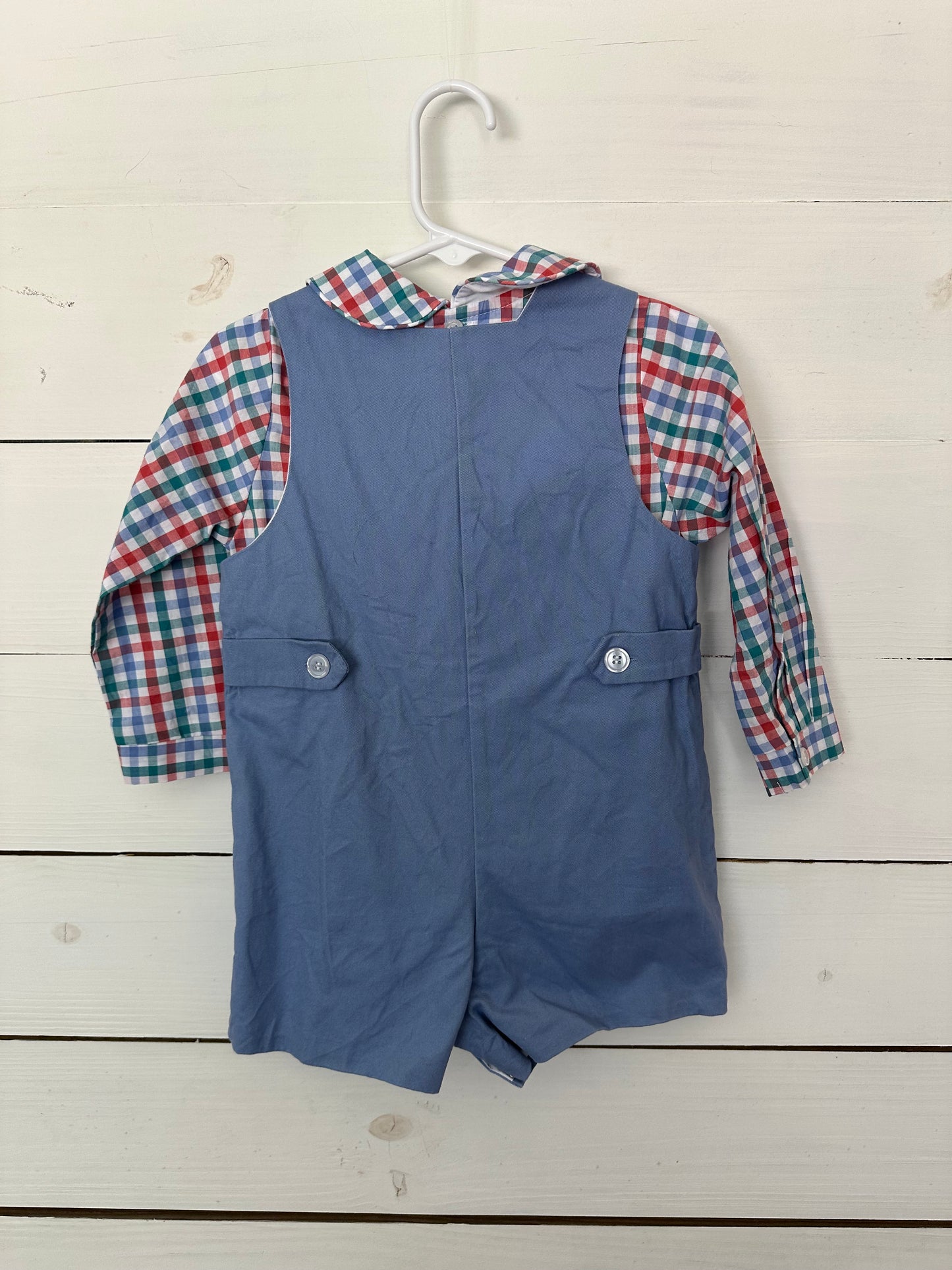 24m - Bailey Boys 2 Piece Shirt and Jon Jon's - Shirt is a red, blue, & green plaid with button up back and Peter pan collar - Jon Jon Wedgewood blue and lined