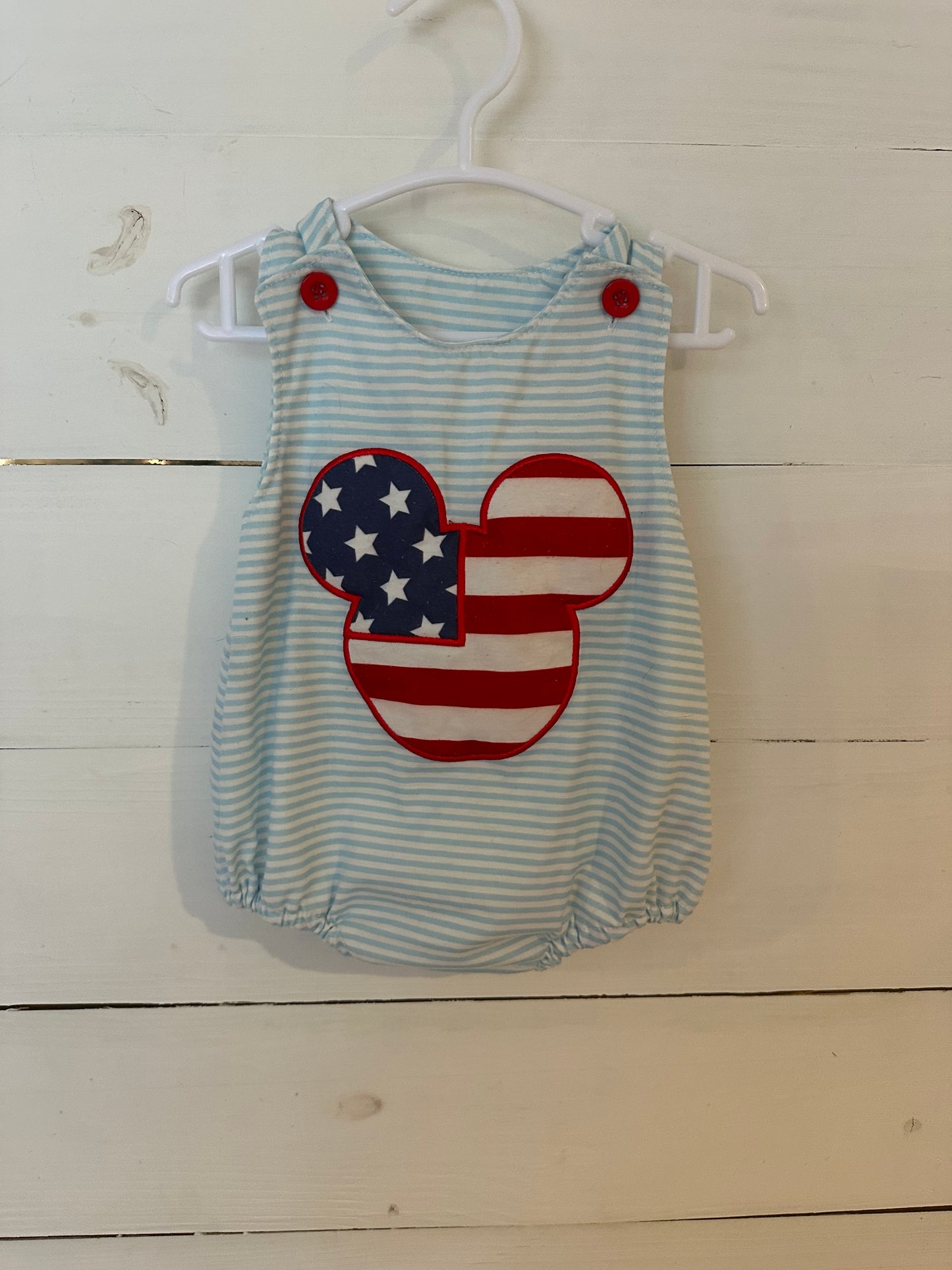 12M - Abbie & Evie Blue and White Striped Bubble with Mickey Mouse Applique