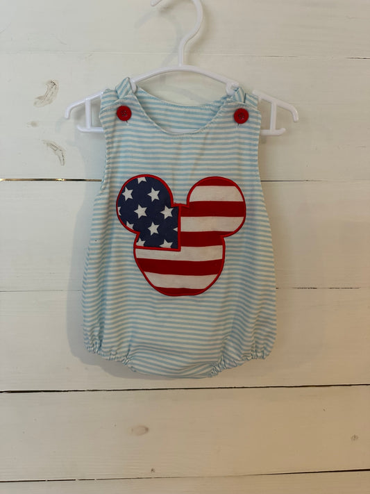 12M - Abbie & Evie Blue and White Striped Bubble with Mickey Mouse Applique
