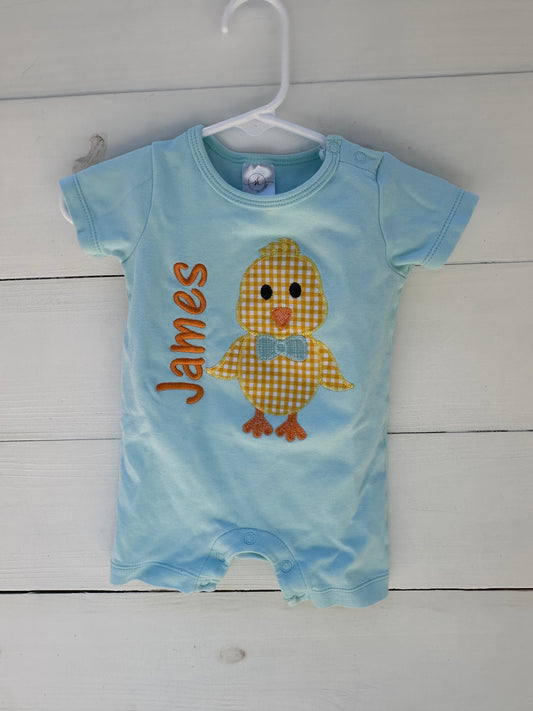 3/6m - James Ice Blue Romper with Baby Chick Appliqued