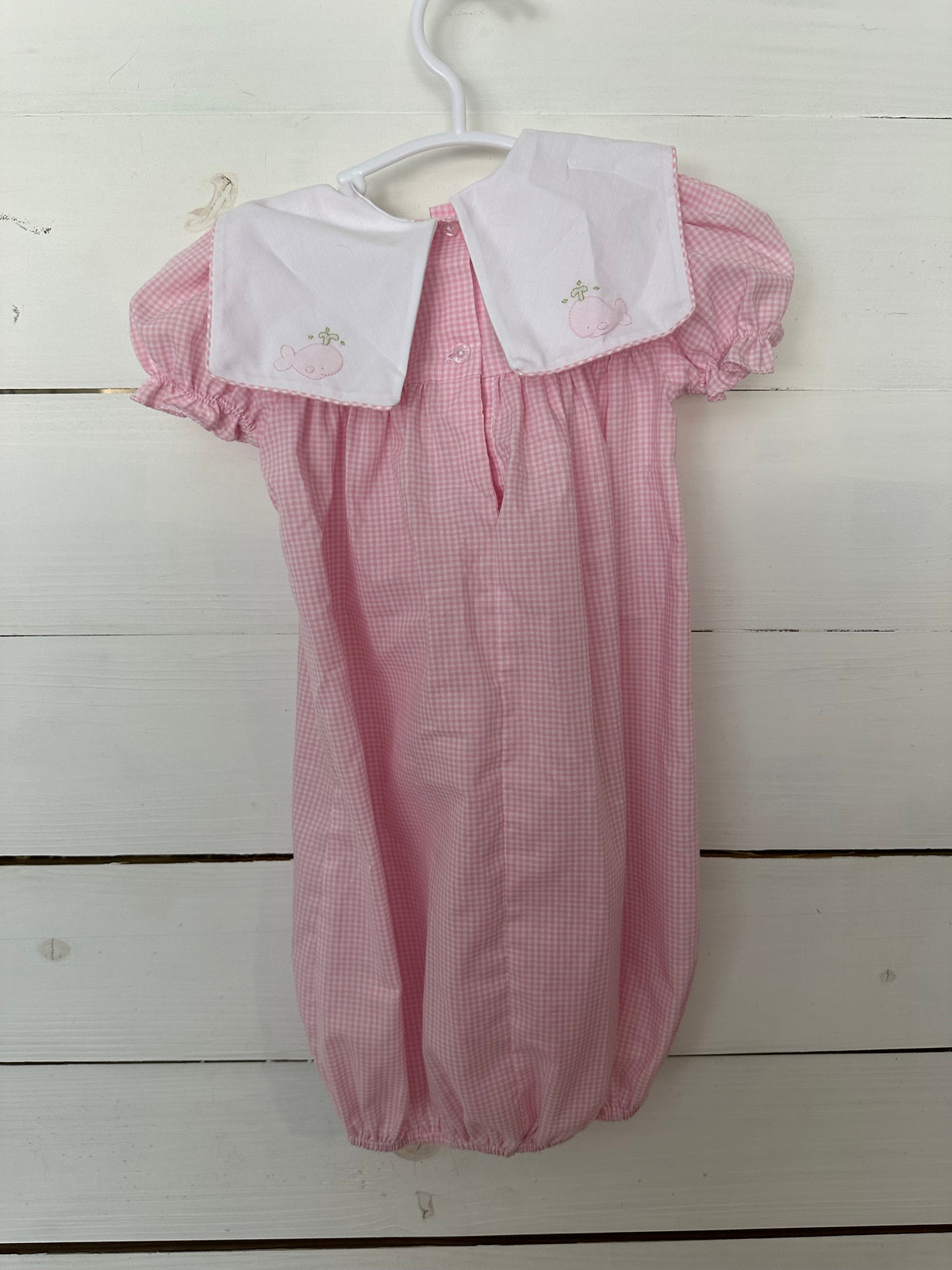 0-3M - Auraluz Pink Gingham Hand Embroidered Day Gown with Whale Details NWOT