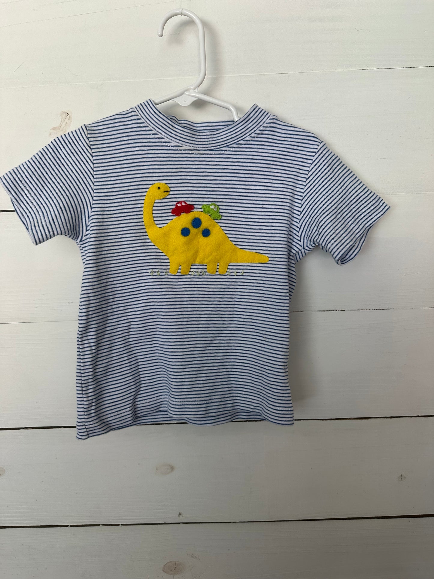 2T - Squiggles Navy Striped T-Shirt with appliqued felt dino & cars.