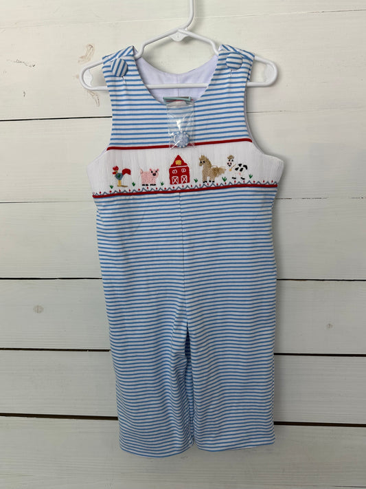 24M - Honesty Overalls - Blue striped cotton overalls with smocked farm animals