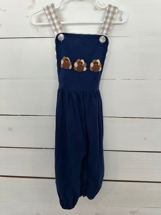 24M - Sugar Dumplin - Navy Blue French Knot Turkey Overalls with Adjustable Gingham Staps - Cotton