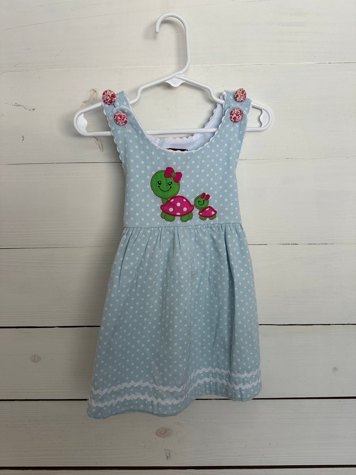Lil Cactus Blue Polka Dot Dress with Floral Buttons and Appliqued Turtles