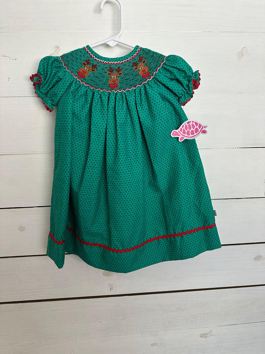 Lolly Wolly Doodle Green Polka Dot Bishop Dress with Smocked Reindeer and Matching Bloomers