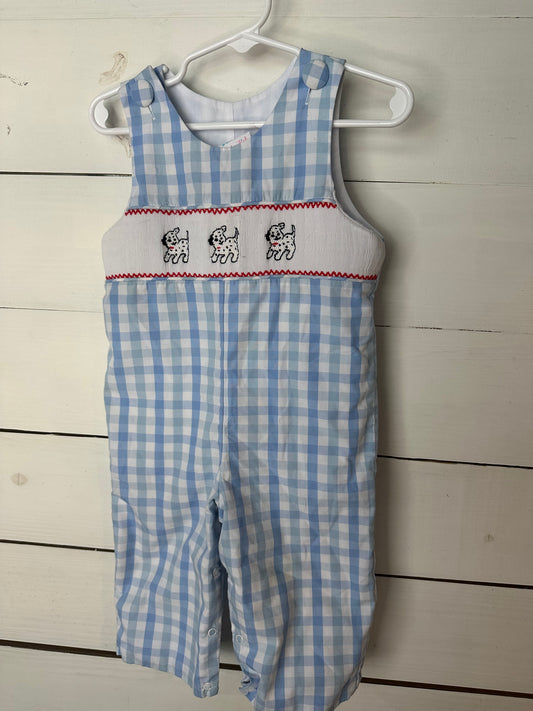 12M - Stitchy Fish Blue Gingham Longalls with Polka Dot Puppy Smocking