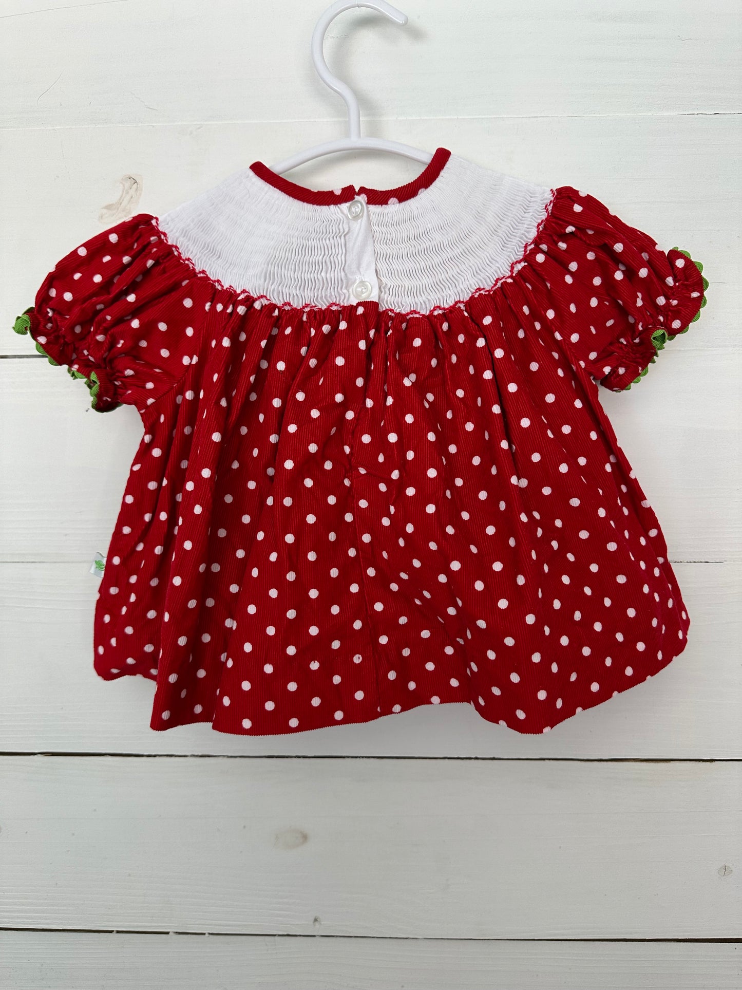 6M Lolly Wolly Doodle: red and white polka dot bishop dress with smocked Santa & Christmas trees (matching bloomers)