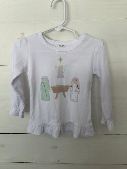 Sweet Nativity Scene Long Sleeve shirt with ruffled sleeves