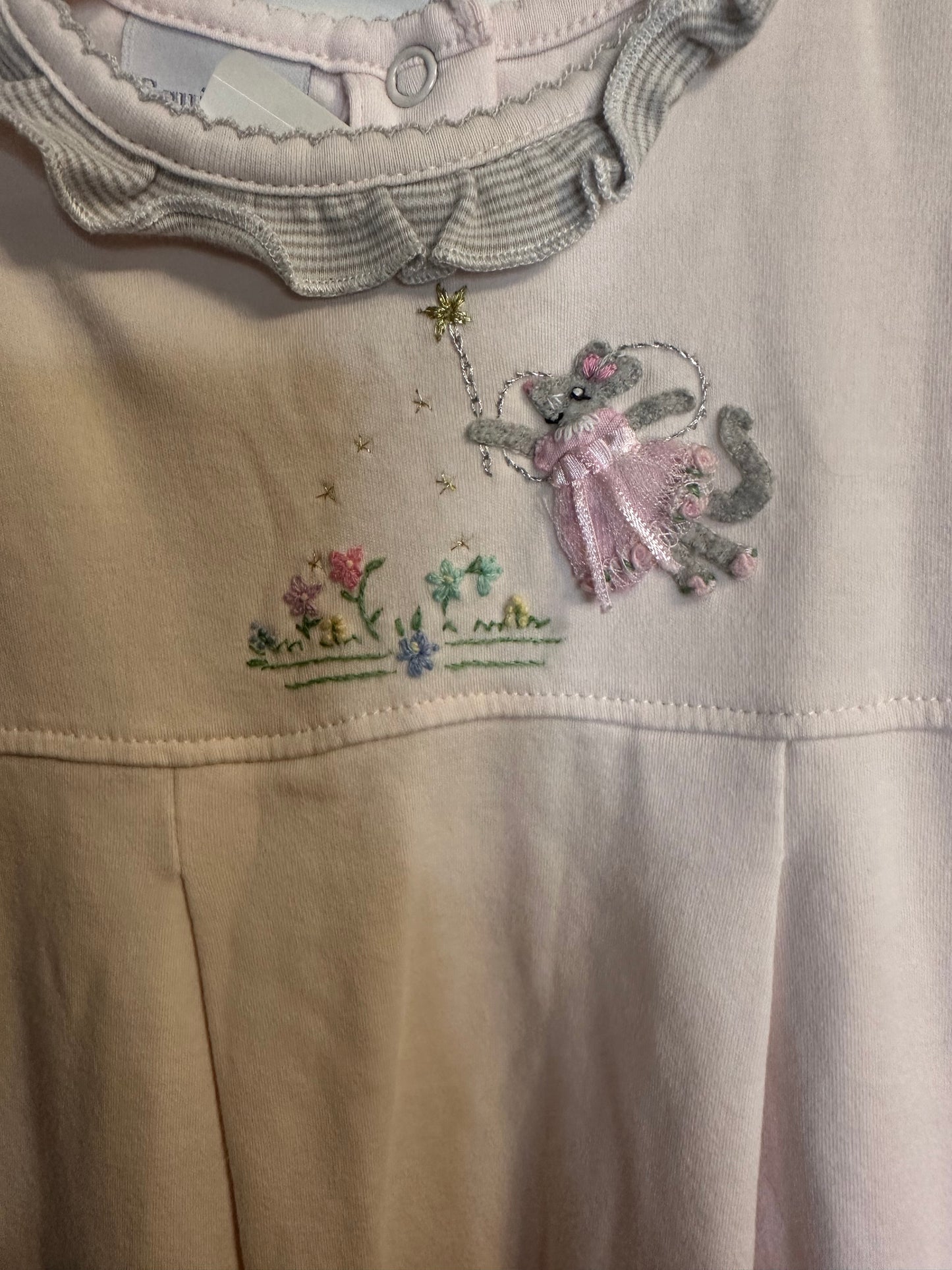 6/9M - Squggles Pink and Gray Romper with Mouse & Embroidered Flowers
