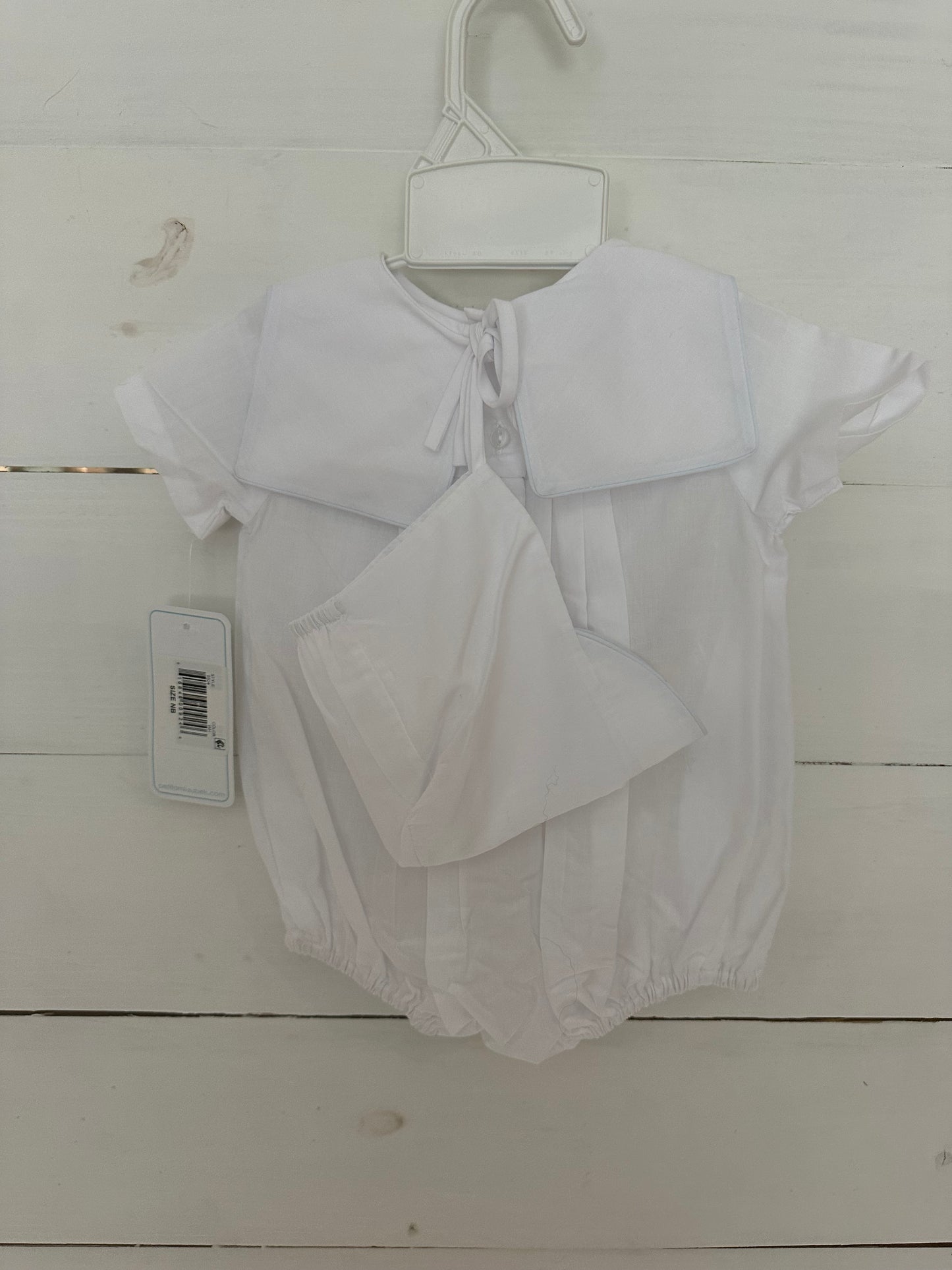 NB Petit Ami White Bubble with Embroirdered Trains & Matching Bonnet