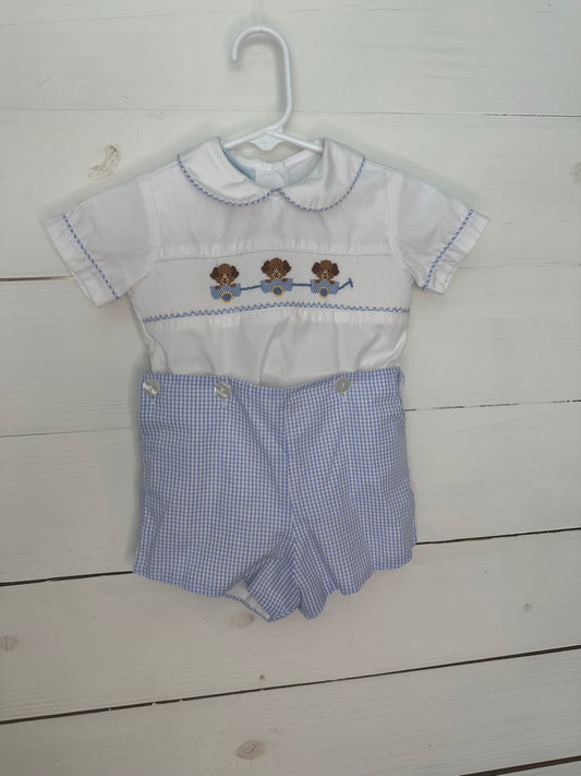 12M - Petit Bebe Smocked Puppies in wagons - 2 Piece Set  - Attaches with buttons