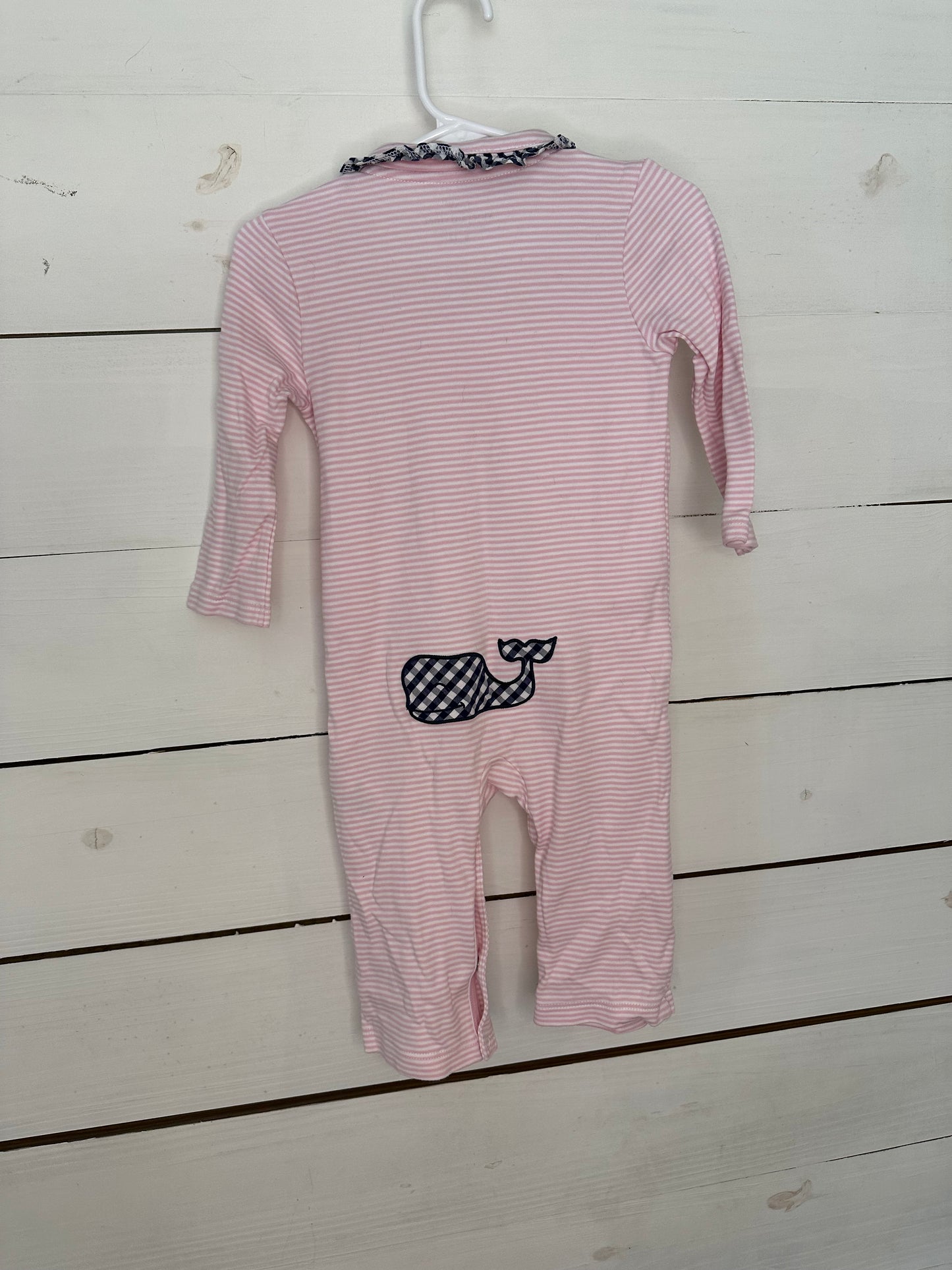 6-12M - Vineyard Vines Pink Striped Romper with Blue Gingham Ruffle Neck