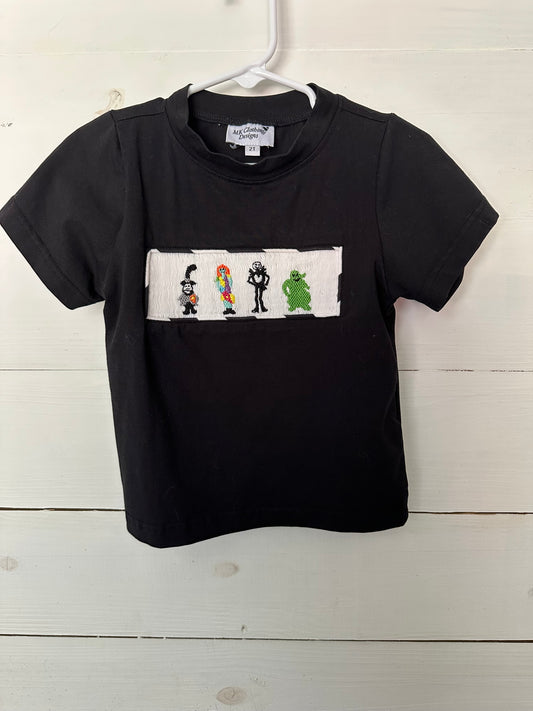 MK Designs - Black and white stripe pants with short sleeve smocked Halloween characters shirt
