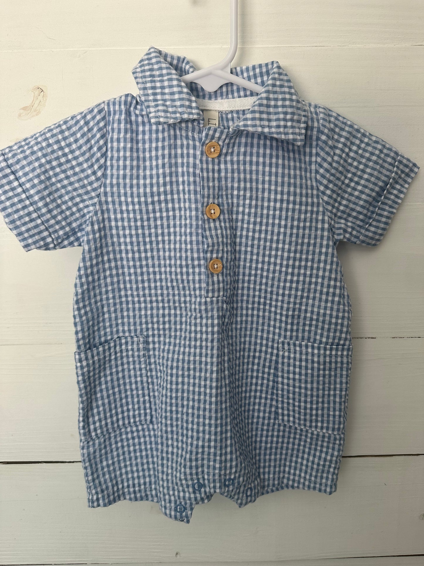 6-9M - Liam & James Gingham Romper and Matching Hat
