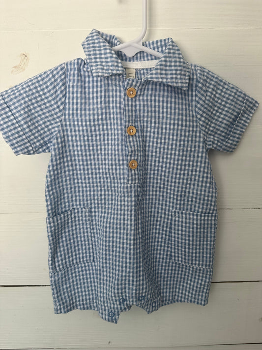 6-9M - Liam & James Gingham Romper and Matching Hat