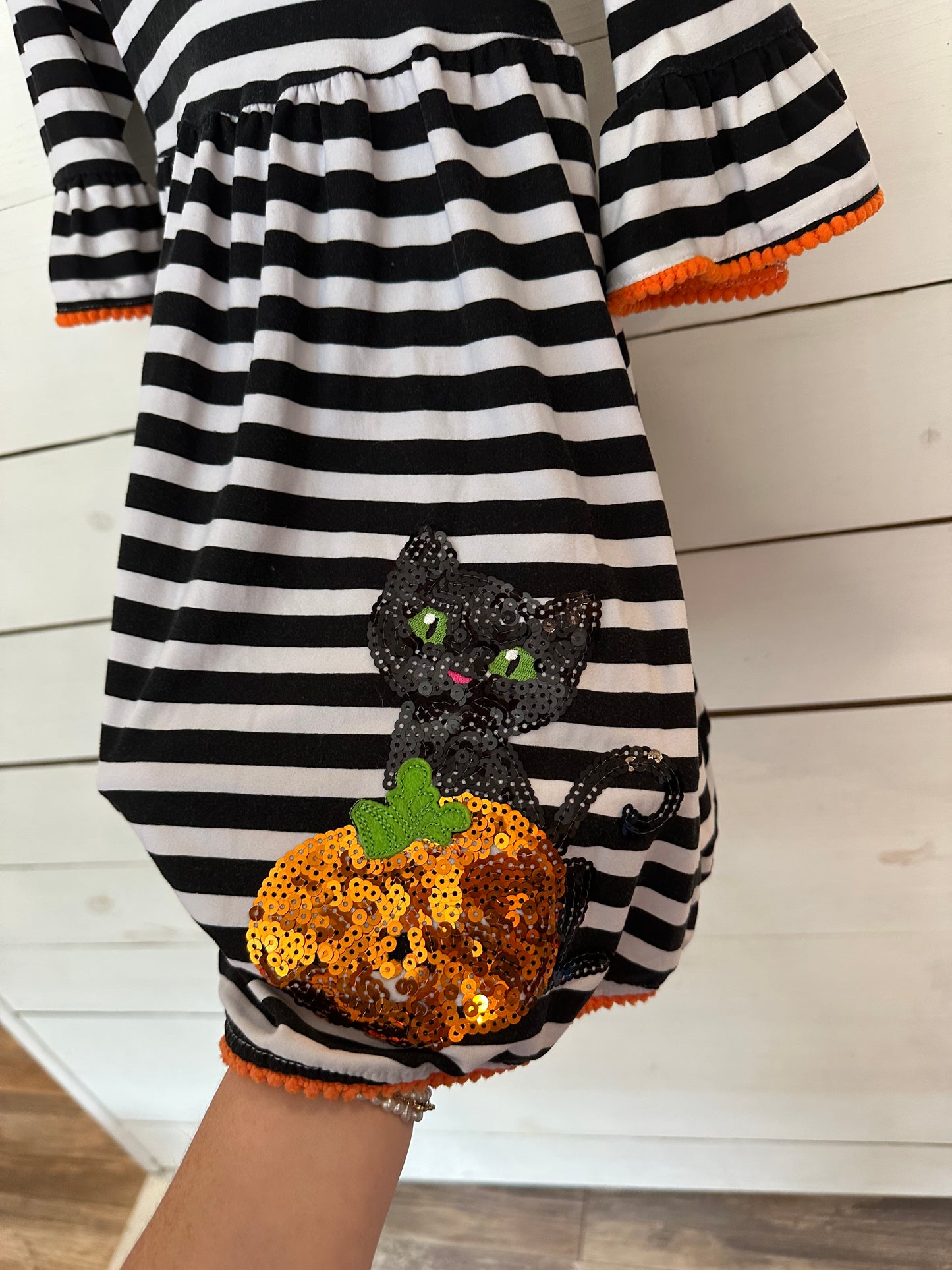 4T - Rare Editions Black and White Striped Dress with Sequin Pumpkin & Black Cat