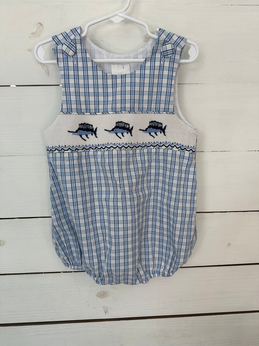 2T- Blue Plaid Bubble with Smocked Marlins