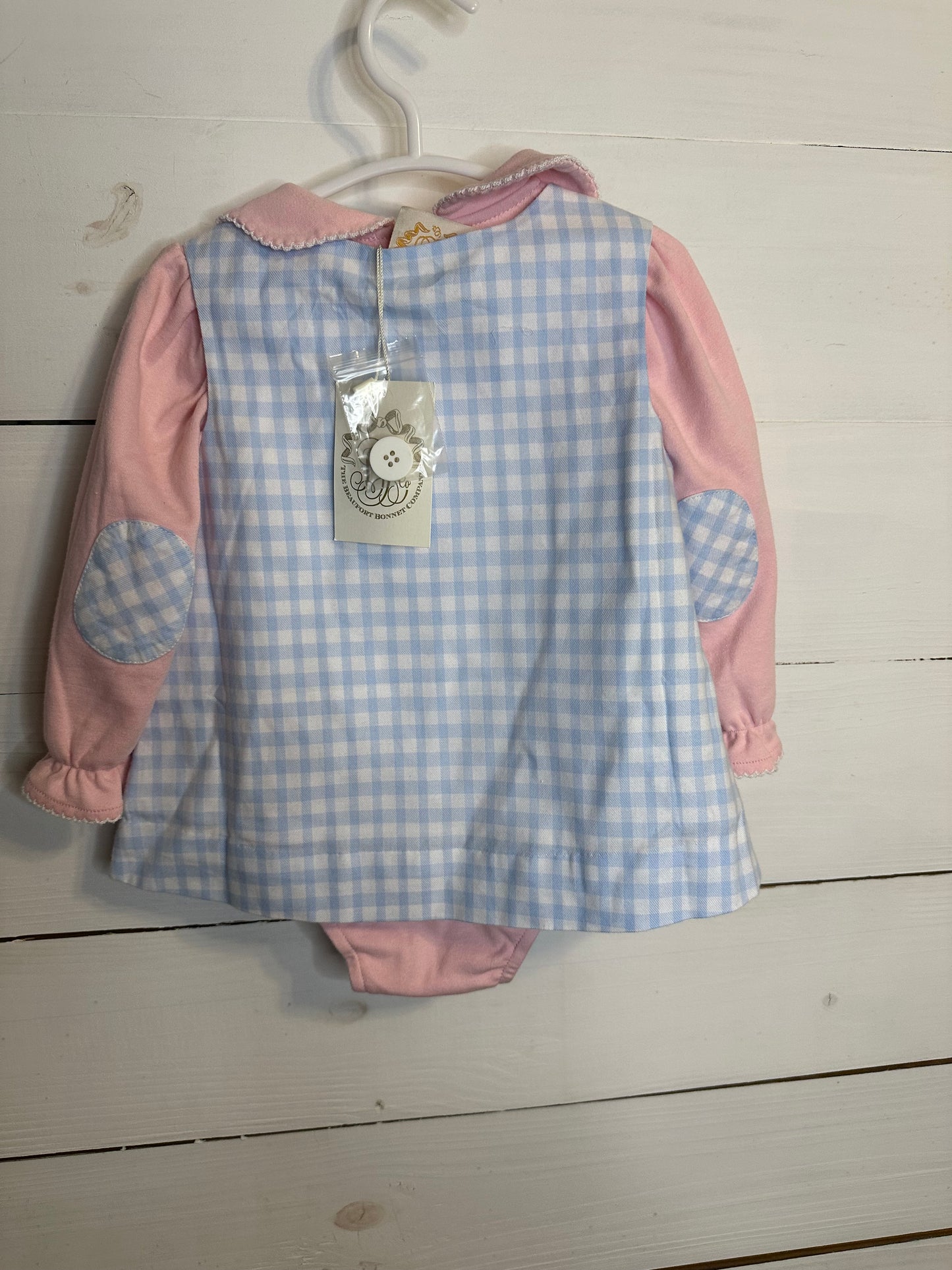 6/12M - TBBC Blue Plaid Jumper NWT with Matching Pink Collared Onesie with Matching Plaid Elbows VGUC