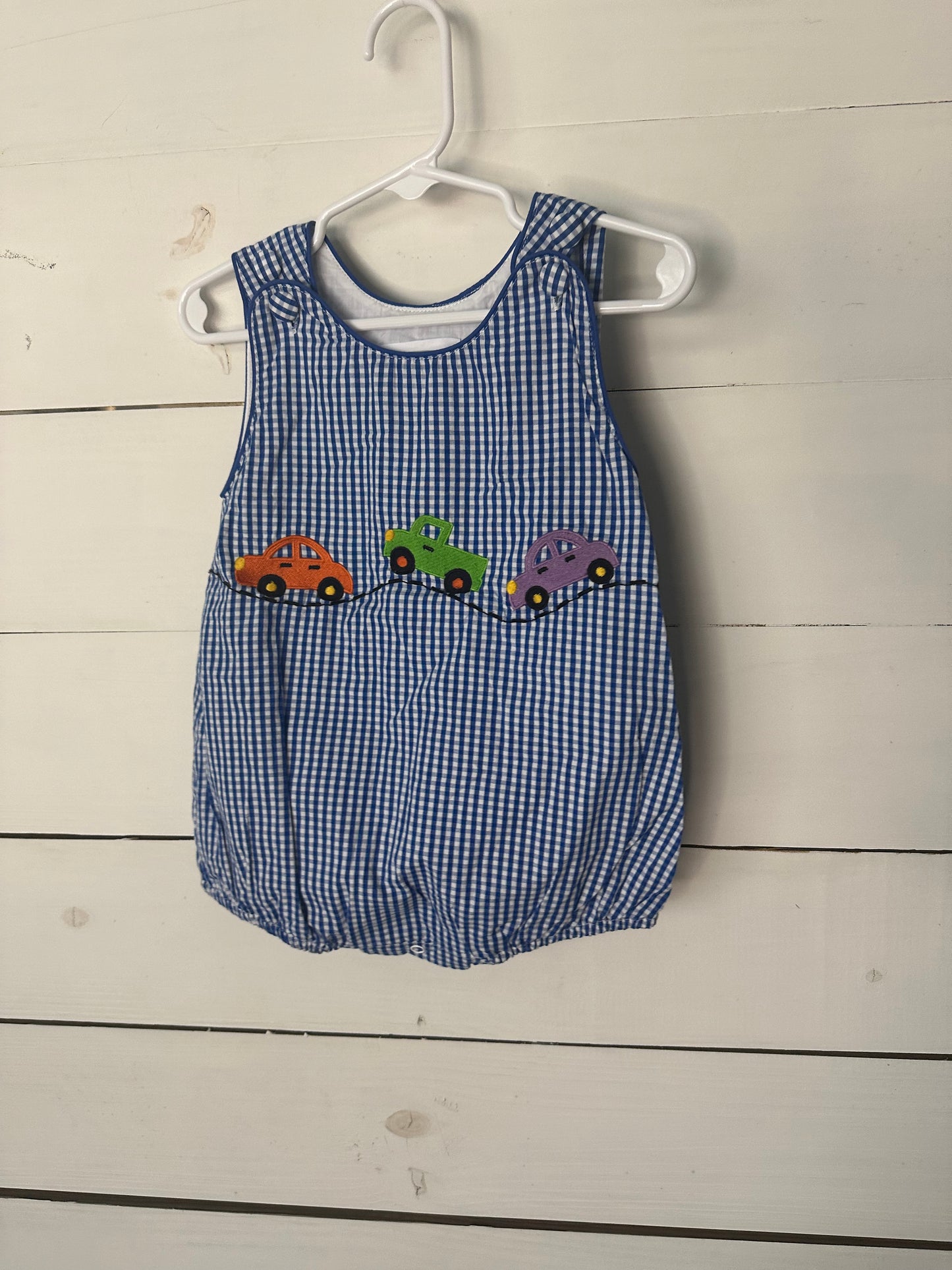 18-24M - Lil Cactus Blue Gingham Bubble with Cars