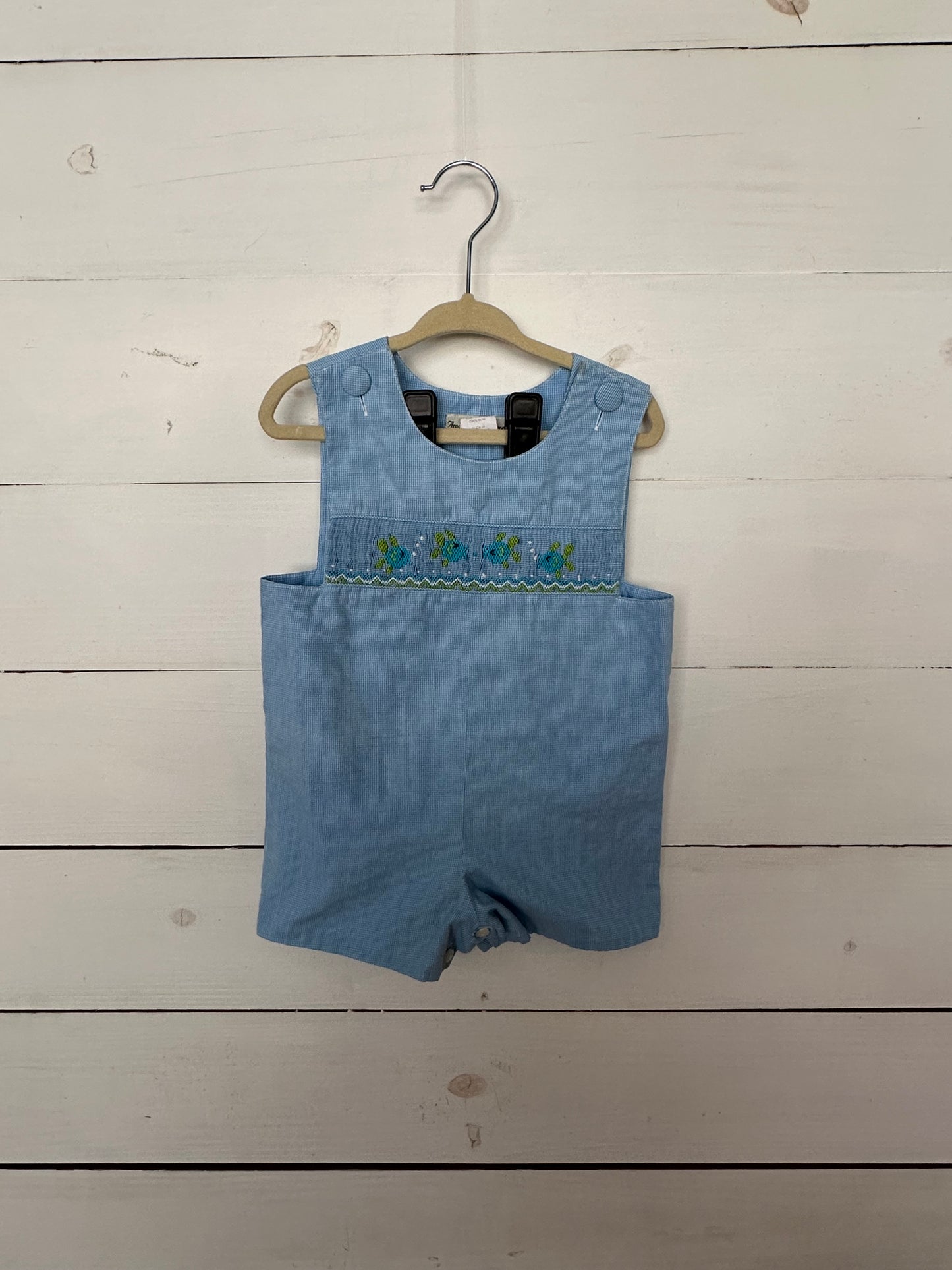 Amanda Remembered - Handmade Children's Clothing - Blue Gingham Jon Jons with Smocked Fish
