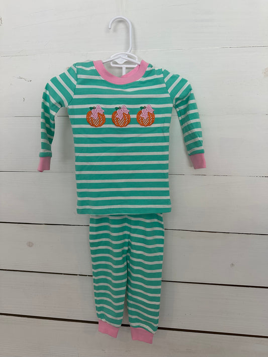 Classic Whimsy Mint Striped Pajamas with Pink Trim and Appliqued Pumpkins with Bows