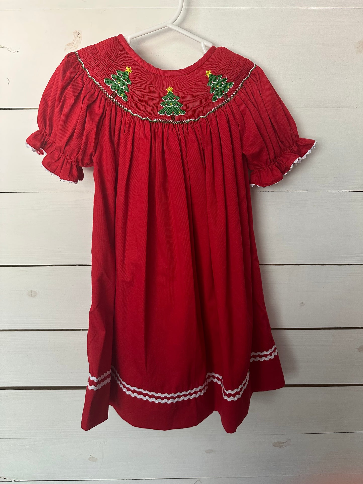 3T - Red Smocked Bishop Dress with Christmas Tree's - Barefoot