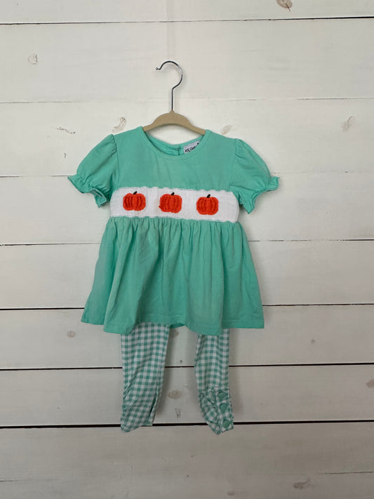 MK Designs Mint Green Baby Doll Top with Smocked Pumpkins and Matching Gingham Leggings