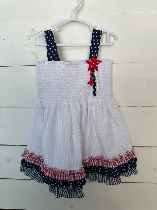 2T - White Seersucker Dress with smocked top and patriotic details