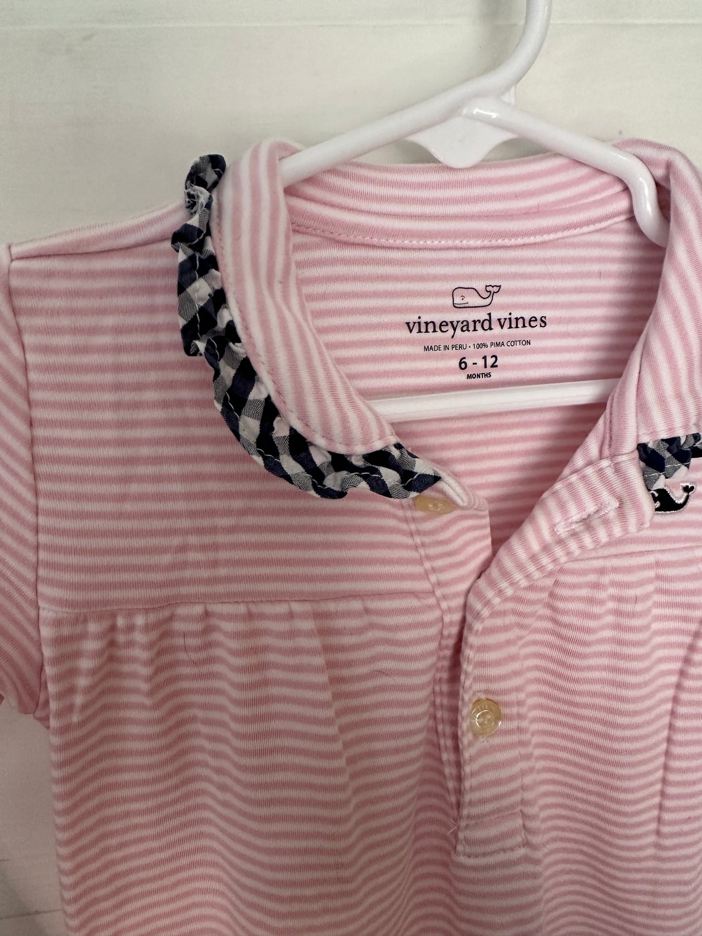 6-12M - Vineyard Vines Pink Striped Romper with Blue Gingham Ruffle Neck