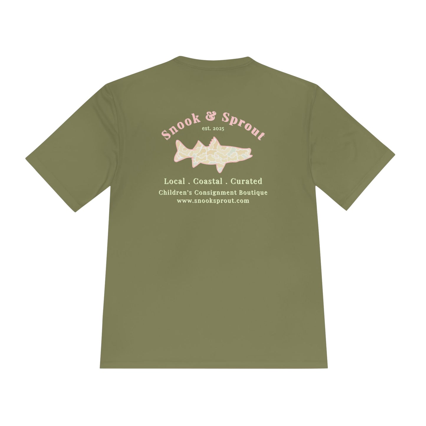 Men's Moisture Wicking Tee with Snook & Sprout Children's Consignment Logo - Coastal, Curated, Local