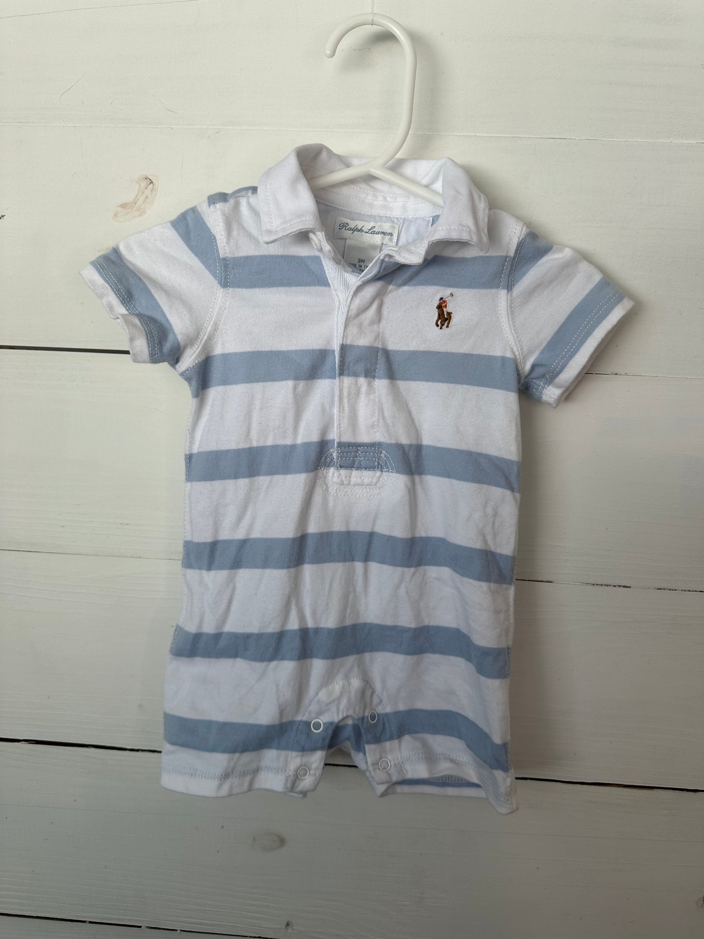 3M - Ralph Lauren Baby Blue Striped Collared Romper