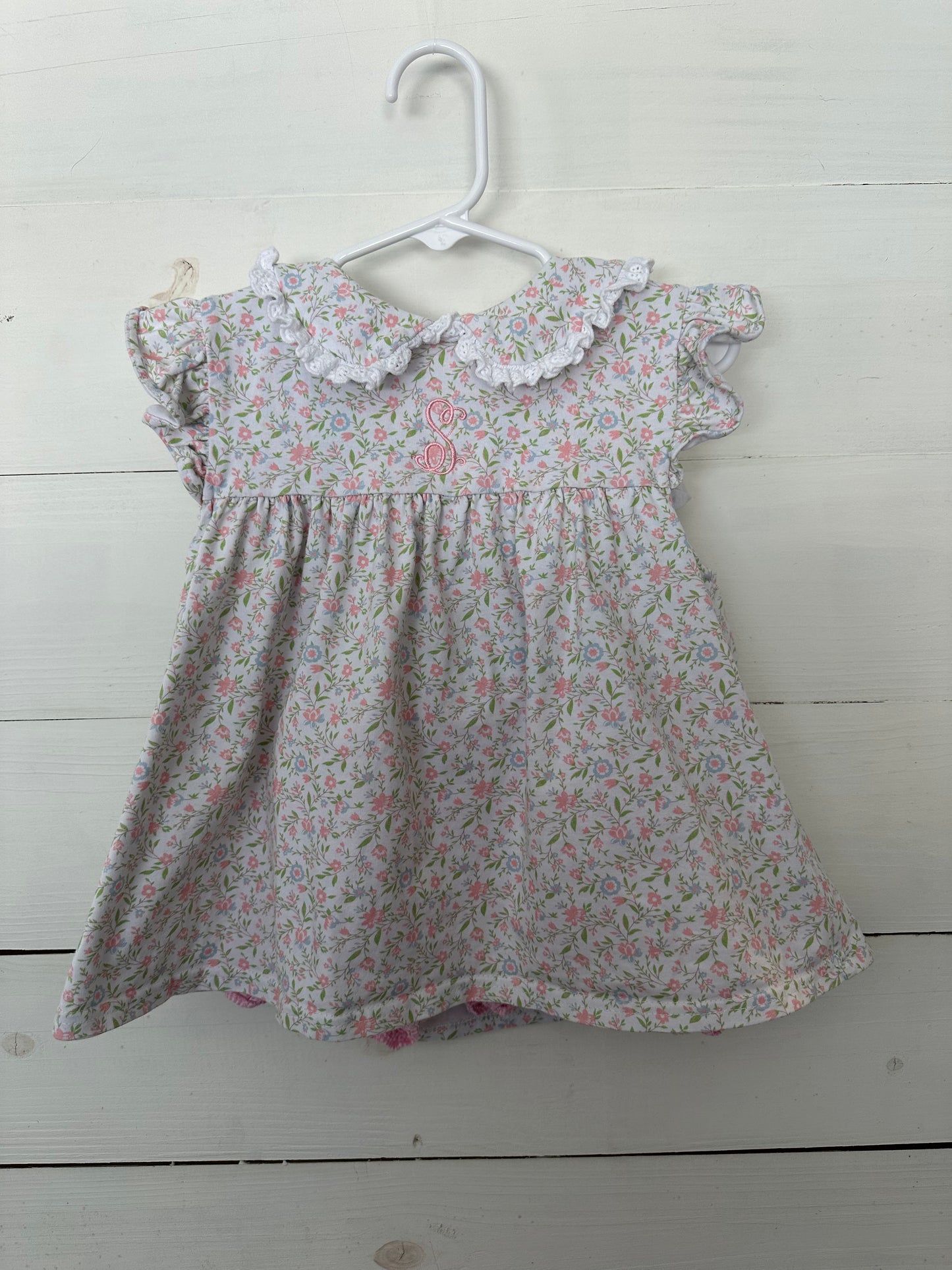 Cecil and Lou Pink and Blue Flower Dress with gingham bloomers with S monogram