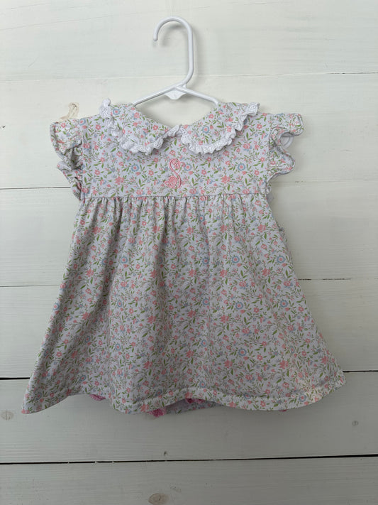 Cecil and Lou Pink and Blue Flower Dress with gingham bloomers with S monogram