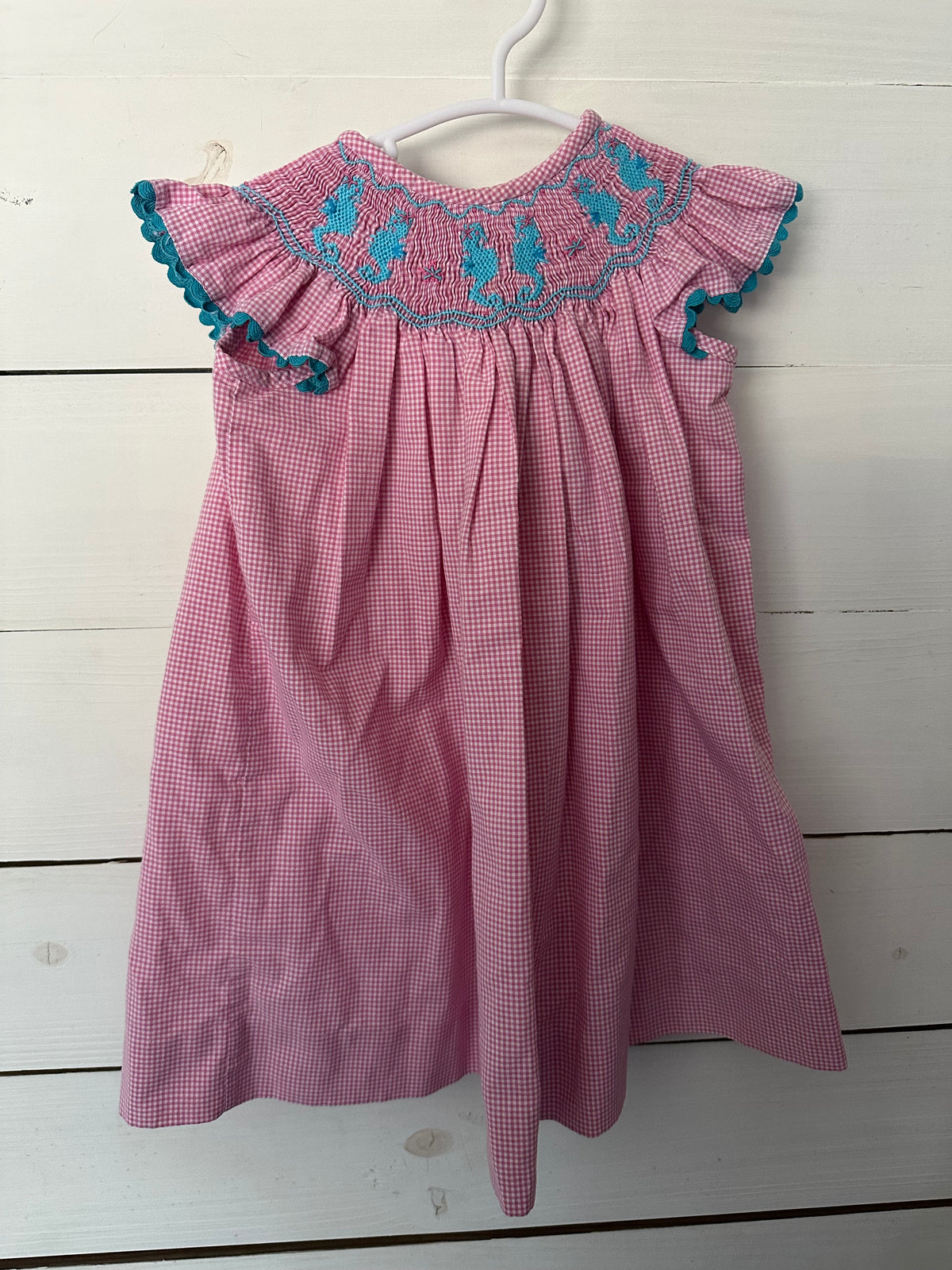 18M - Shrimp & Grits Pink Gingham Bishop Dress with Smocked Seahorses