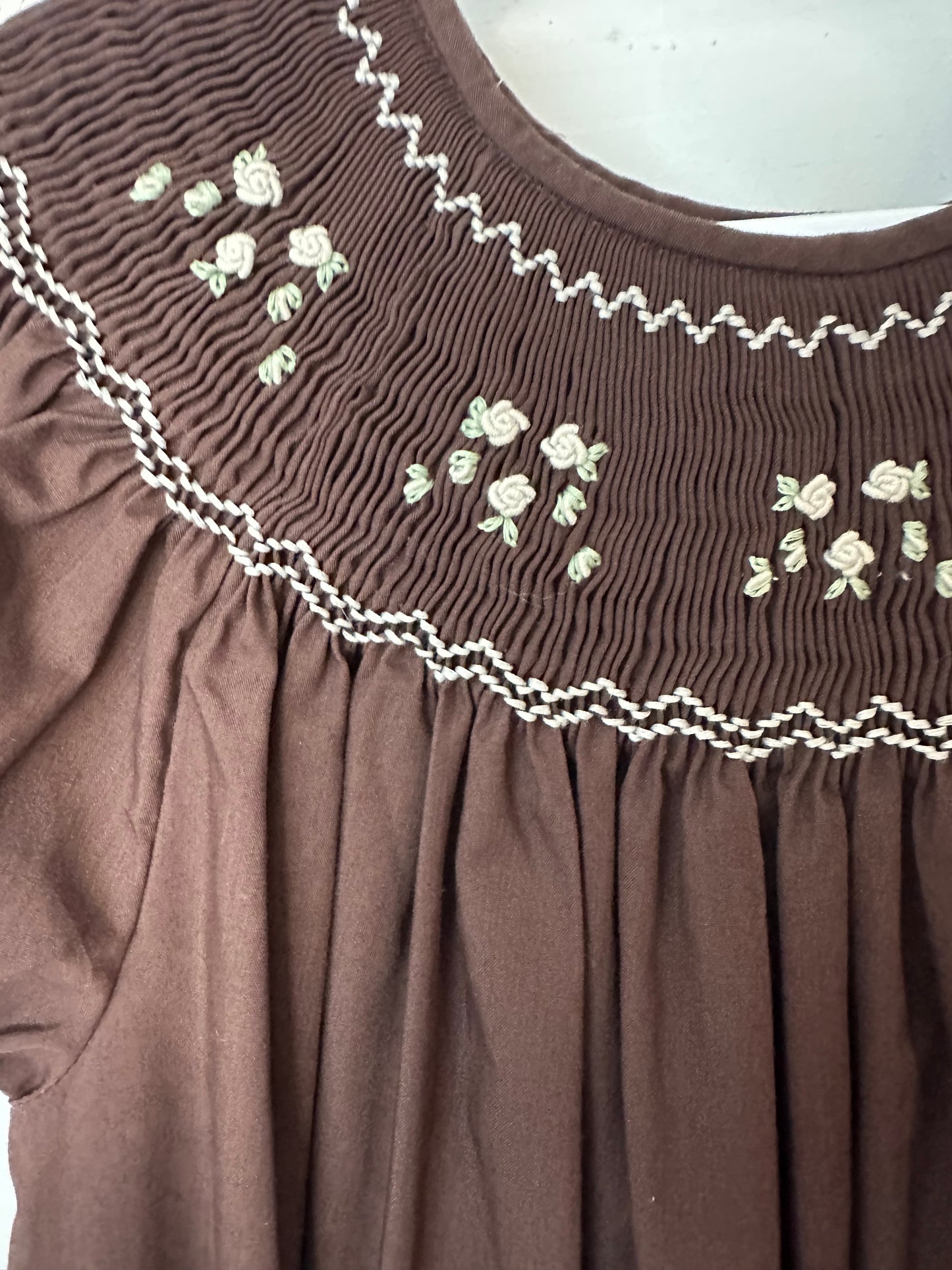 4T - Brown Smocked Bishop Dress with Flower Buds - Rosalina