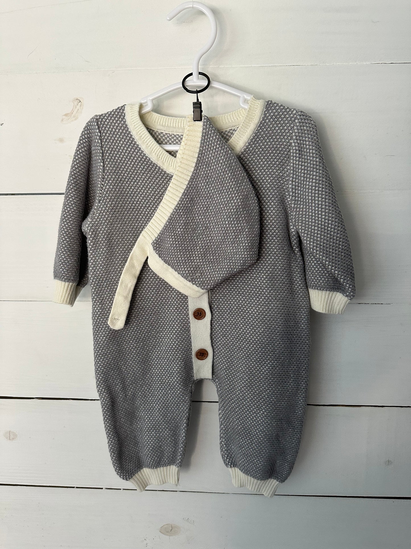 0-3M - Knit Button Up Gray and Cream Button Up Romper with Bonnet