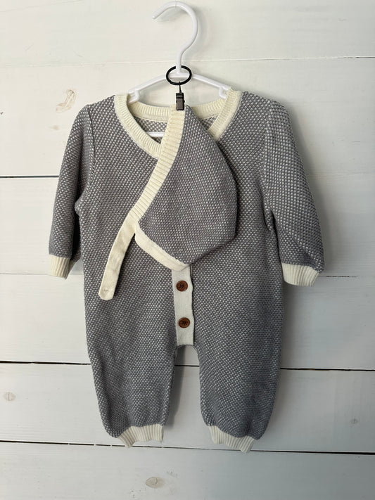 0-3M - Knit Button Up Gray and Cream Button Up Romper with Bonnet