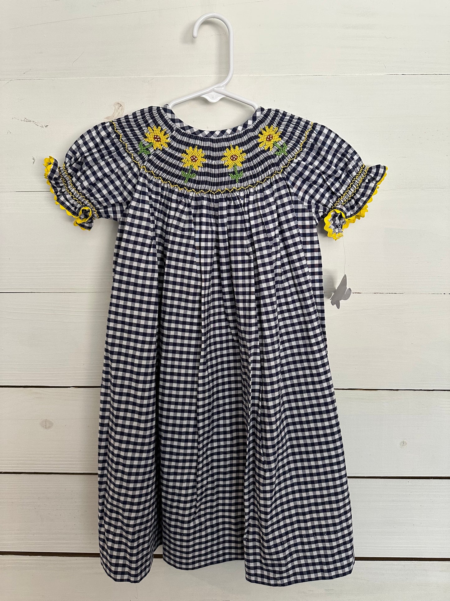 Lolly Wolly Doodle Navy Blue Gingham Bishop Dress with Smocked Sunflowers