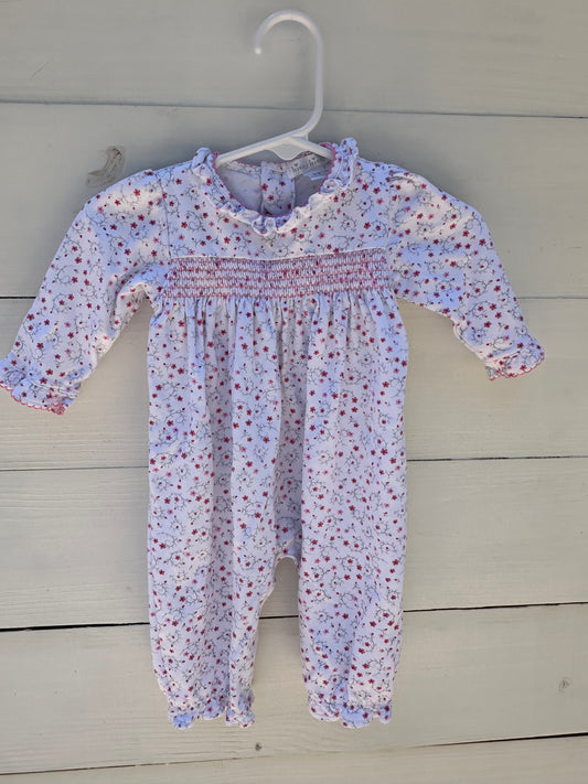 3/6m - Kissy Kissy Pink Smocked Flower Romper with Ruffled neck