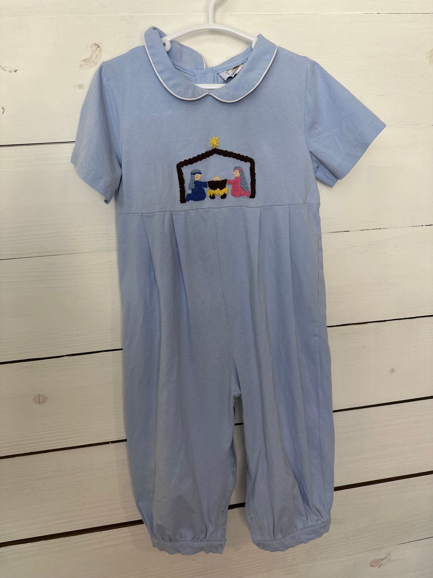 24M - The Smocking Bug Blue Collared Romper with French Knot Manger Scene
