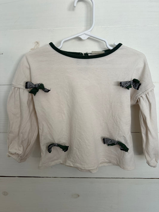 Zara Long Sleeve Ivory Shirt with Green Trim and sweet Bow Details