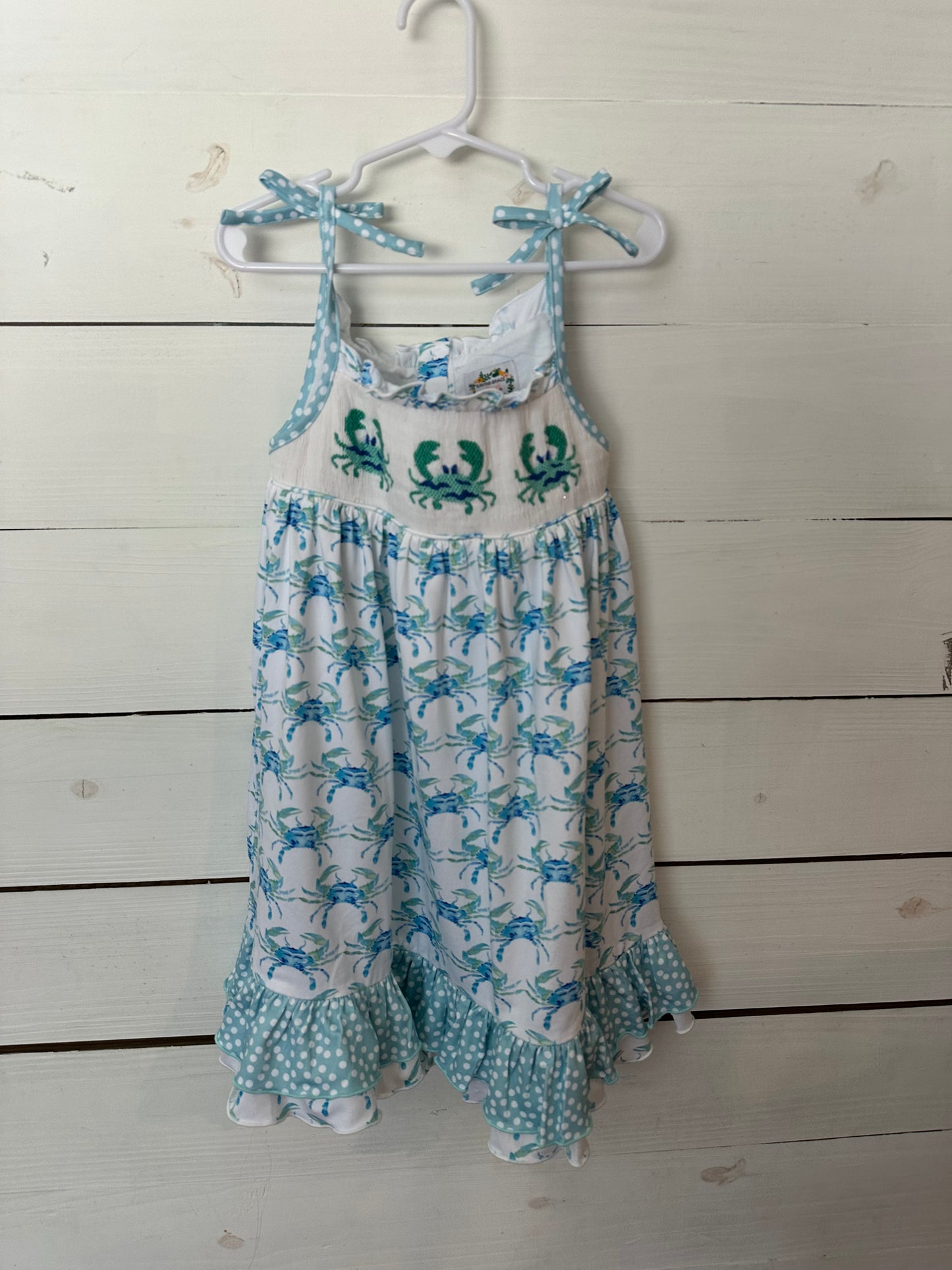 4T -Saving Grace Smocks Blue Crab Smocked Dress