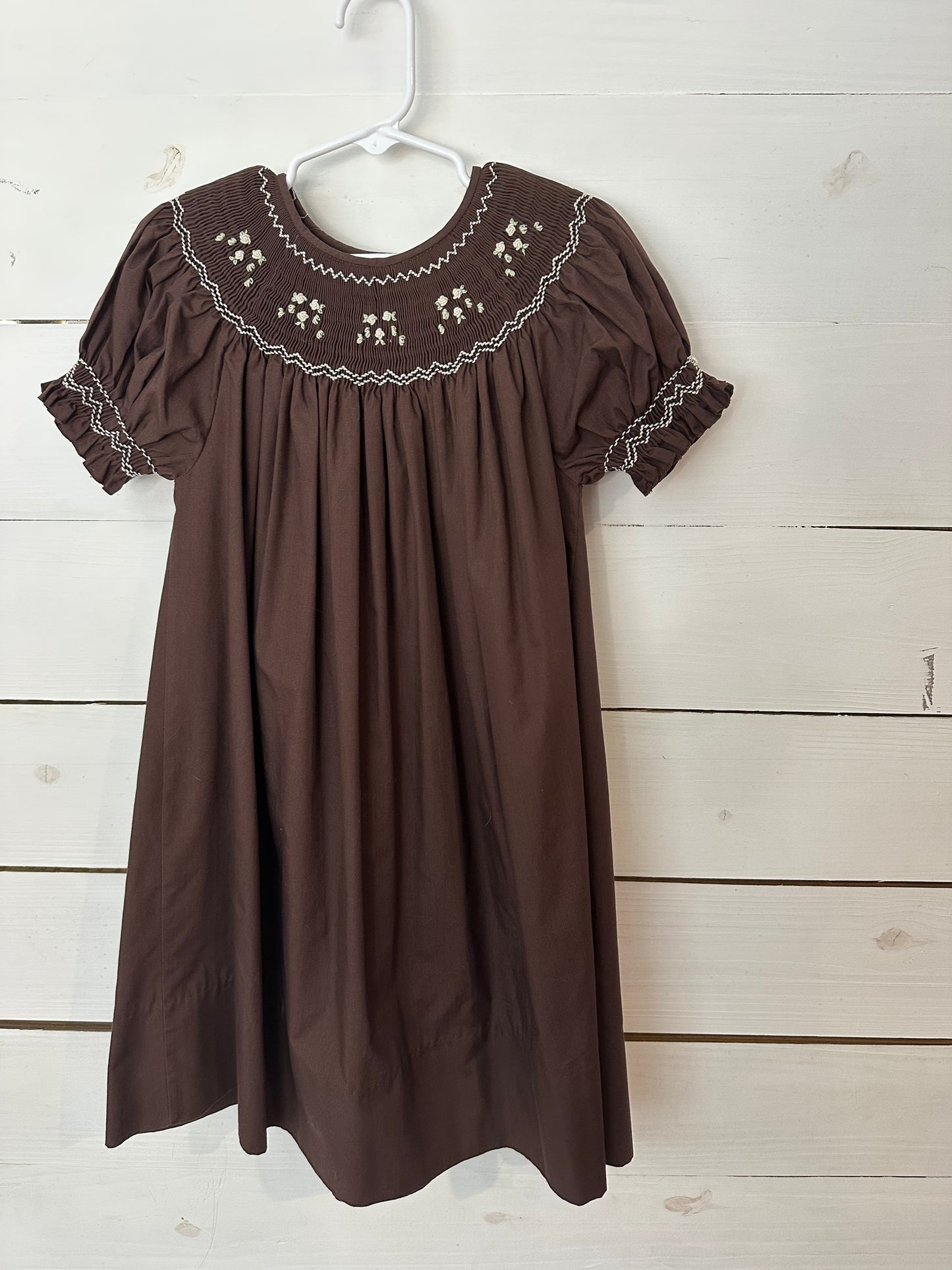 4T - Brown Smocked Bishop Dress with Flower Buds - Rosalina
