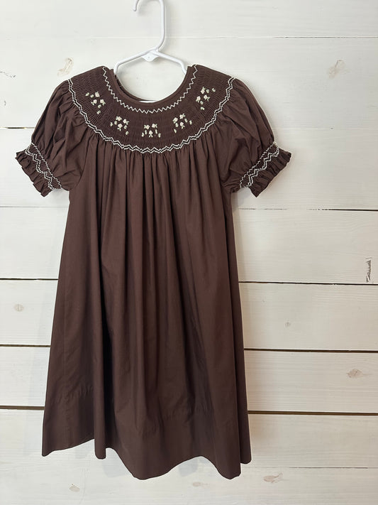 4T - Brown Smocked Bishop Dress with Flower Buds - Rosalina